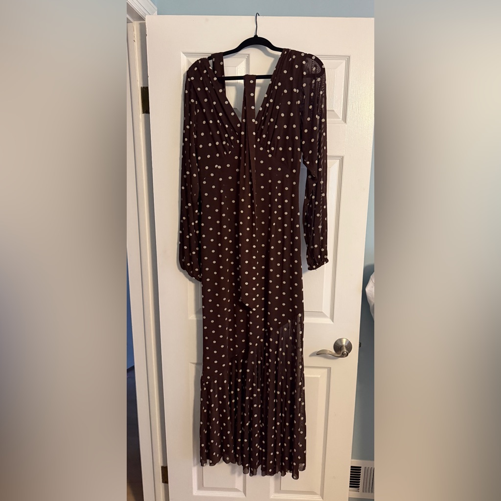 Pretty Lavish Mesh Scarf Detail Maxi Dress In Brown Polka Dot Asos Size 10 — image 3 of 3